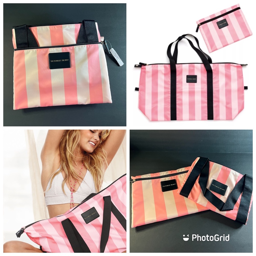 VICTORIA'S SECRET PINK STRIPE PACKABLE WEEKEND BAG TOTE, NEW
